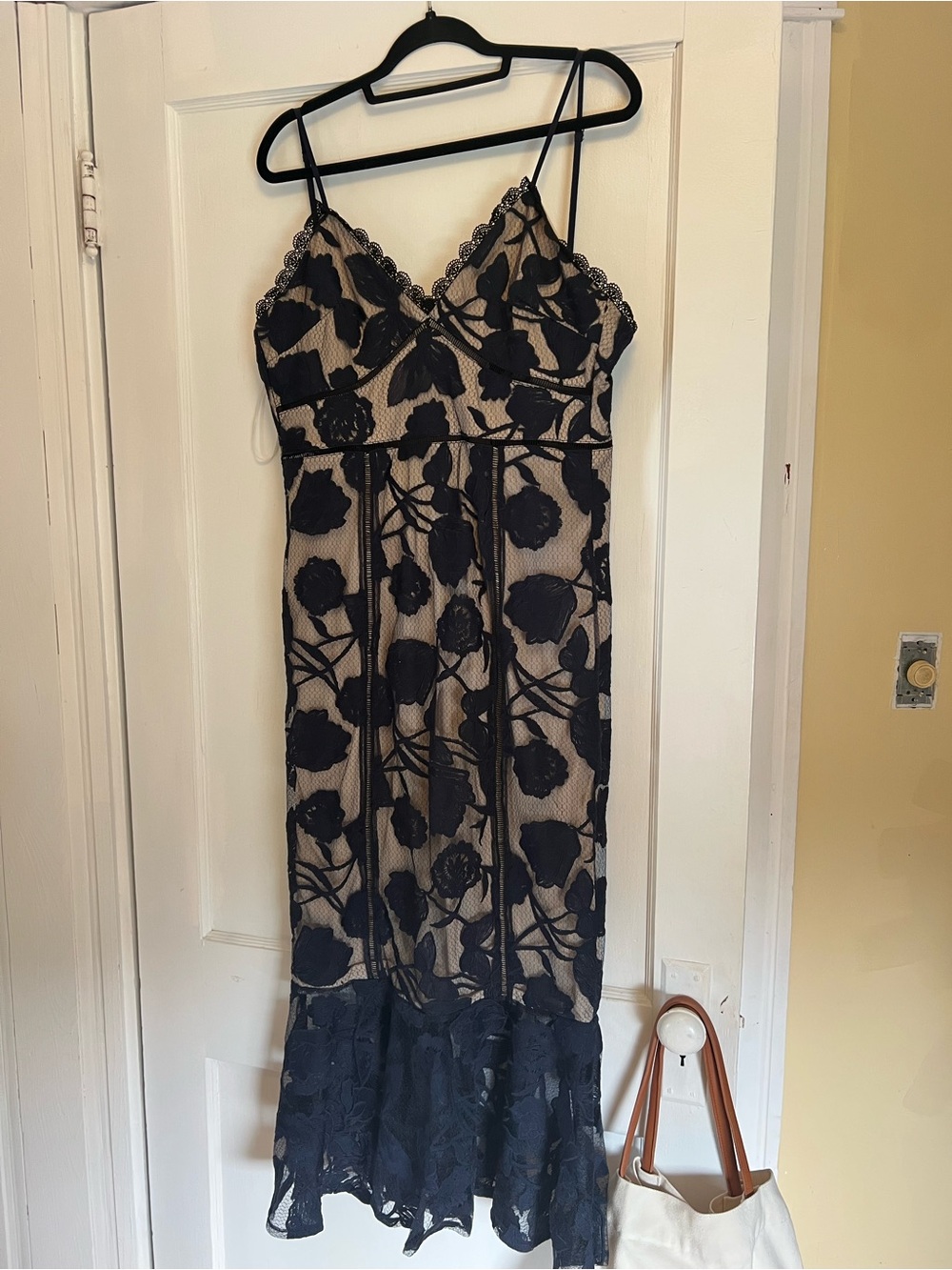 Lulu's Navy Blue Floral Lace Overlay Midi Dress with Nude Underlay